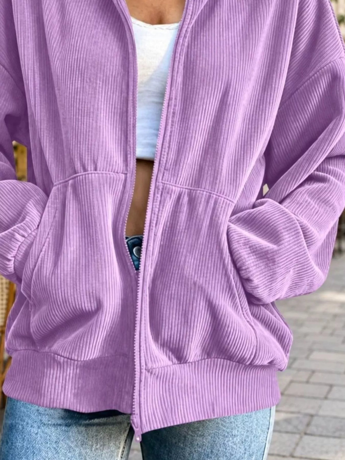 Purple corduroy zip-up jacket, patch pocket and cuff detail