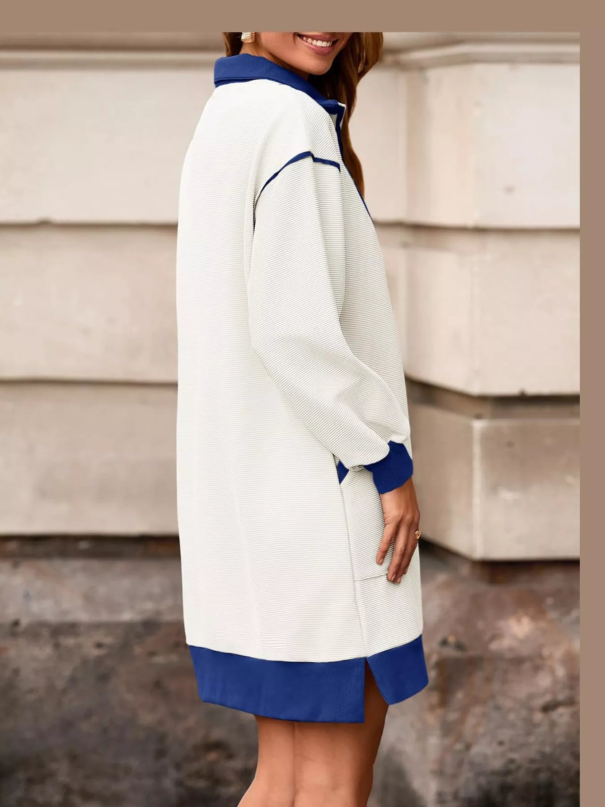 White and blue color block quarter-zip sweatshirt dress — back view