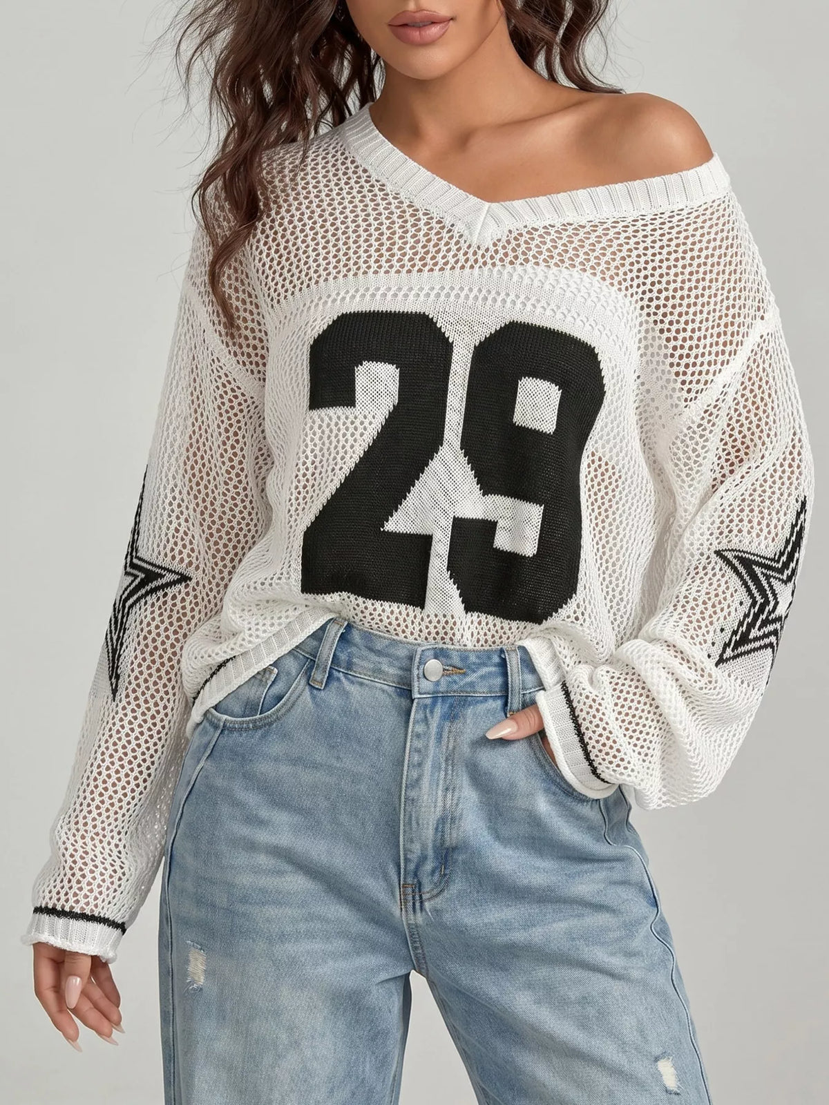 Women's Number 29 Openwork Knit Jersey Sweater in White, front view