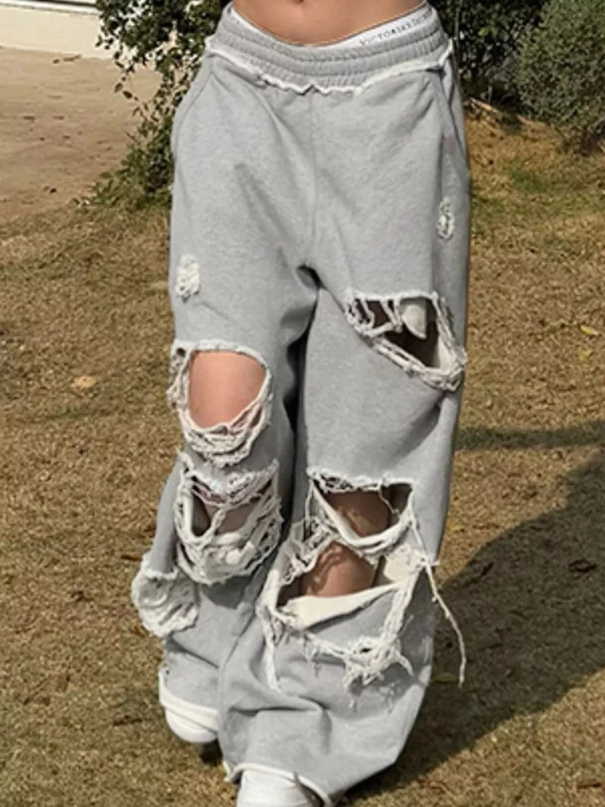 Gray distressed high-waisted wide-leg sweatpants