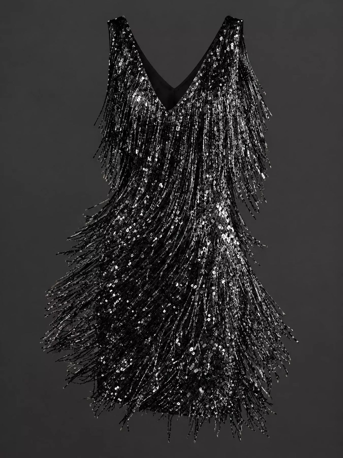 Black fringe sequin v-neck mini dress