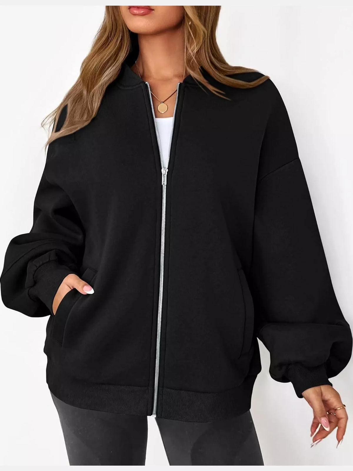 Black oversized zip-up jacket — front view