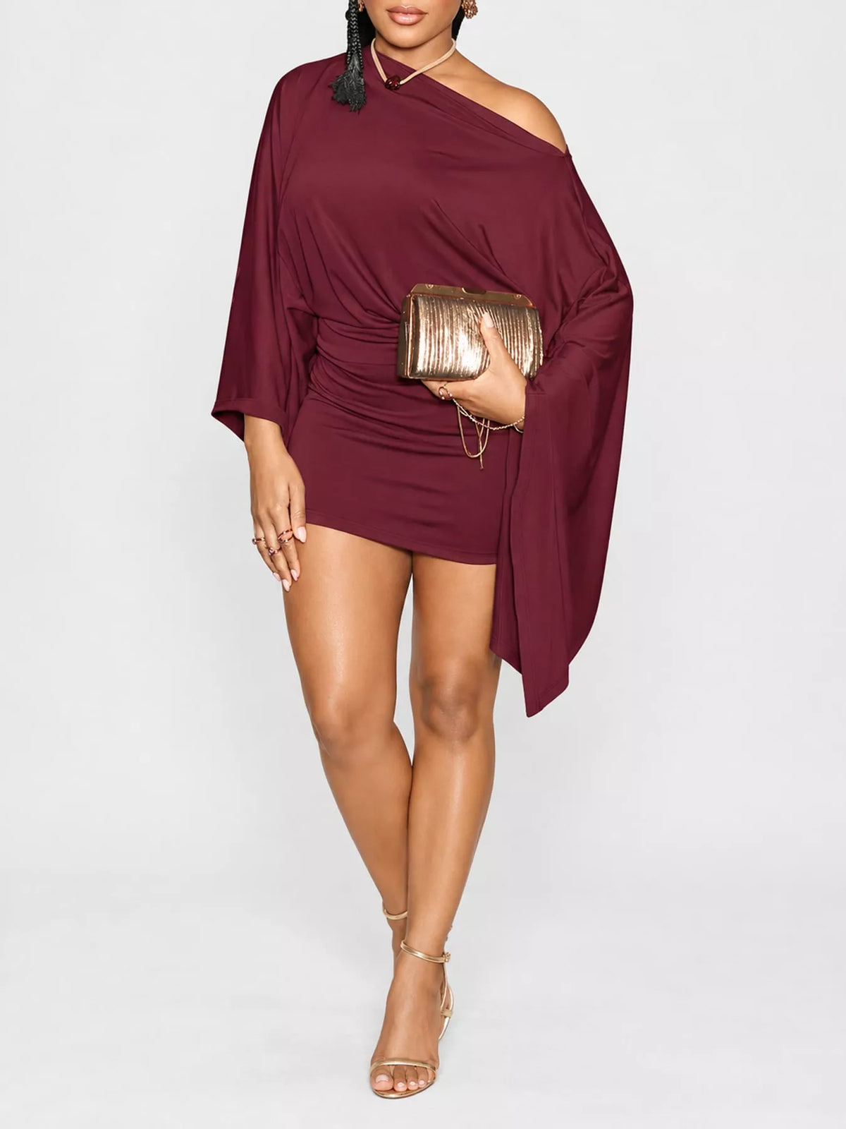 Women's One-Shoulder Draped Bodycon Mini Dress in burgundy — front view