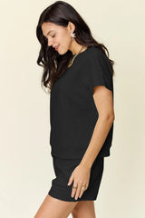 Trendsi Double Take Full Size Texture Short Sleeve T-Shirt and Drawstring Shorts Set - Shorts