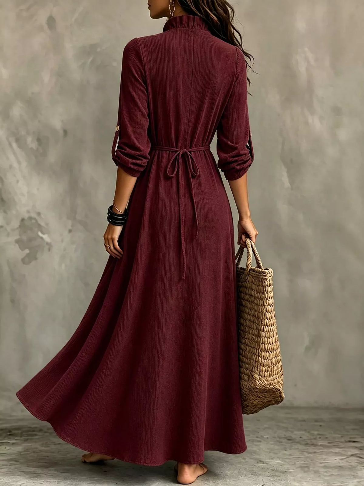 Frill-trim maxi dress, burgundy back