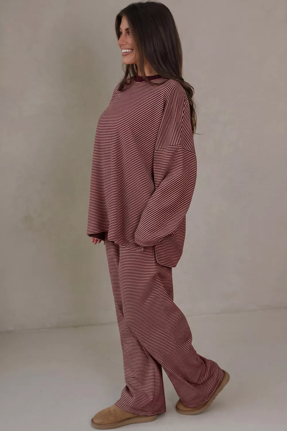 Striped Top and Wide-Leg Pants Set in Brown