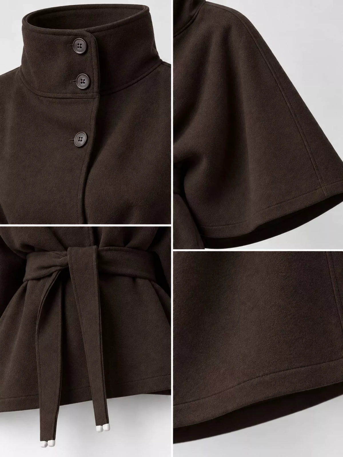 Brown belted button-front cape — design and construction details