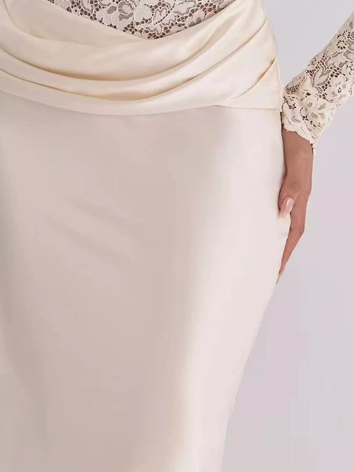 Cream lace and satin maxi dress, draped waist detail