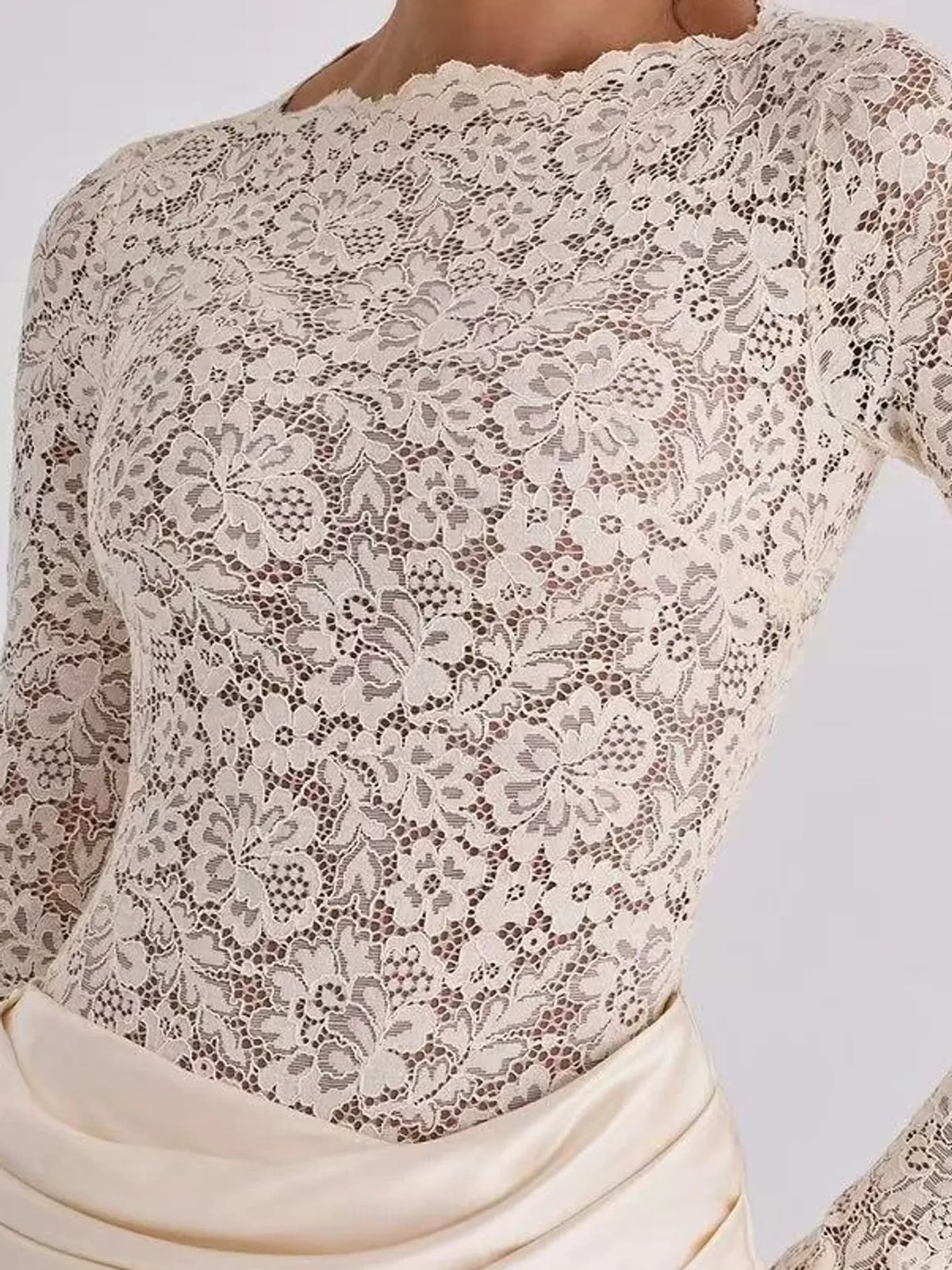 Cream lace and satin maxi dress, lace bodice detail