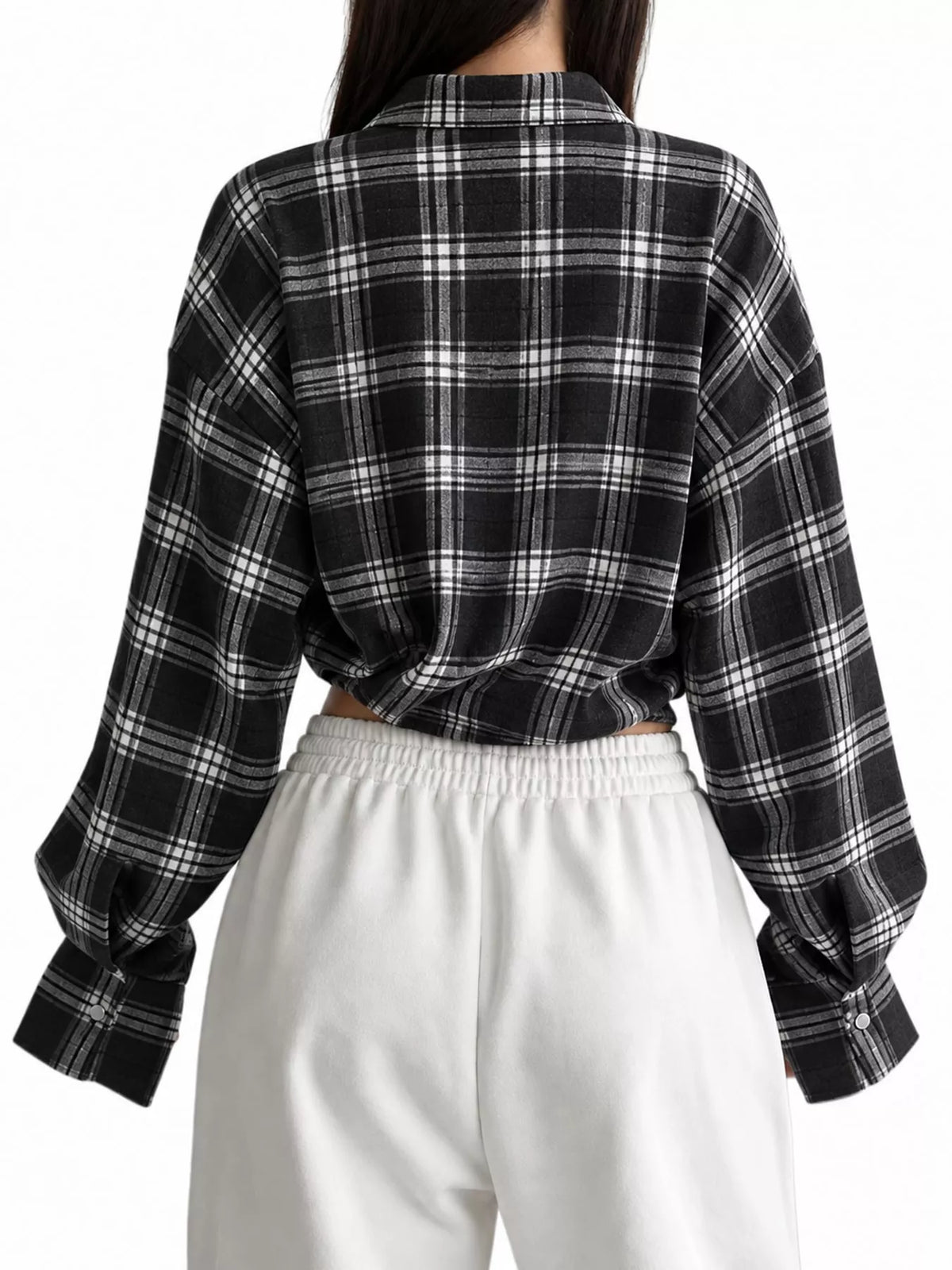 Black plaid button up shirt, back view