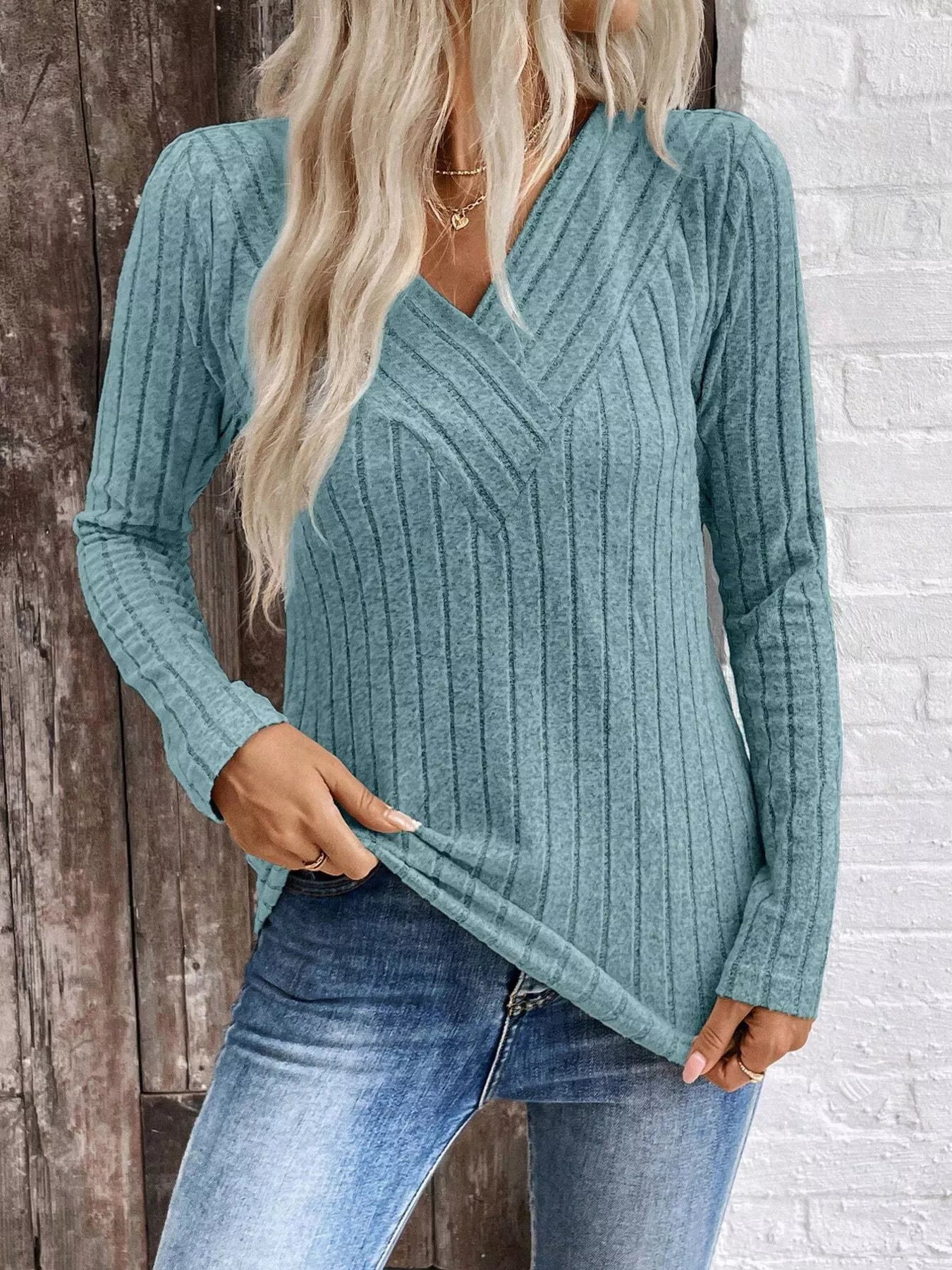 Trendsi Ribbed V-Neck Long Sleeve T-Shirt -