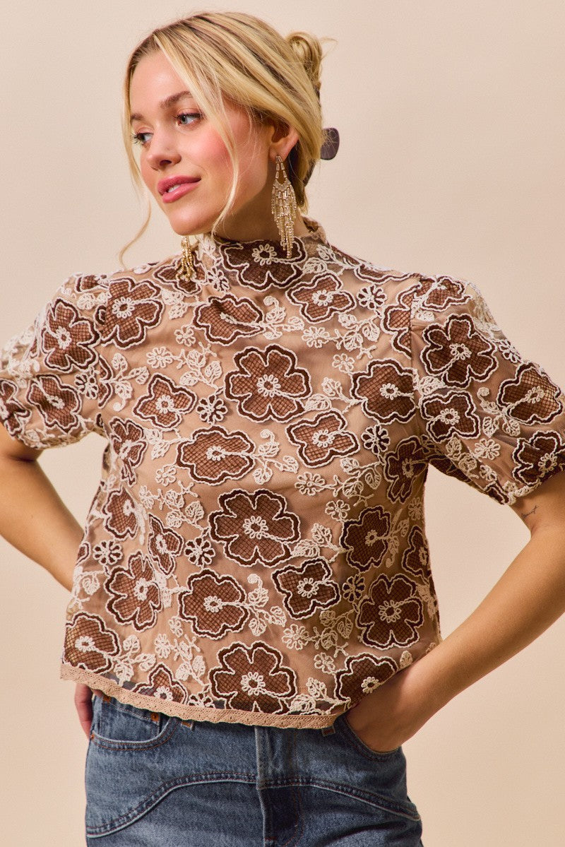 Women's Floral Mesh Top With Back Button Closure — product view 6