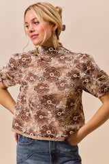 Trendsi SO ME Texture Floral Mesh Top With Back Button Closure -