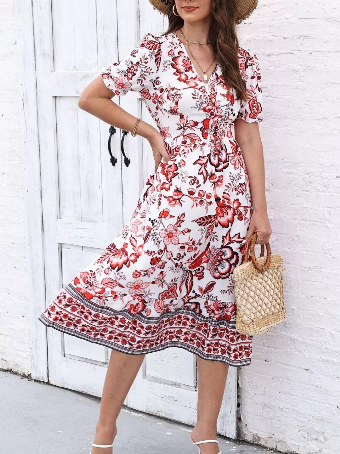 Trendsi Floral Print Puff Sleeve Wrap Midi Dress -