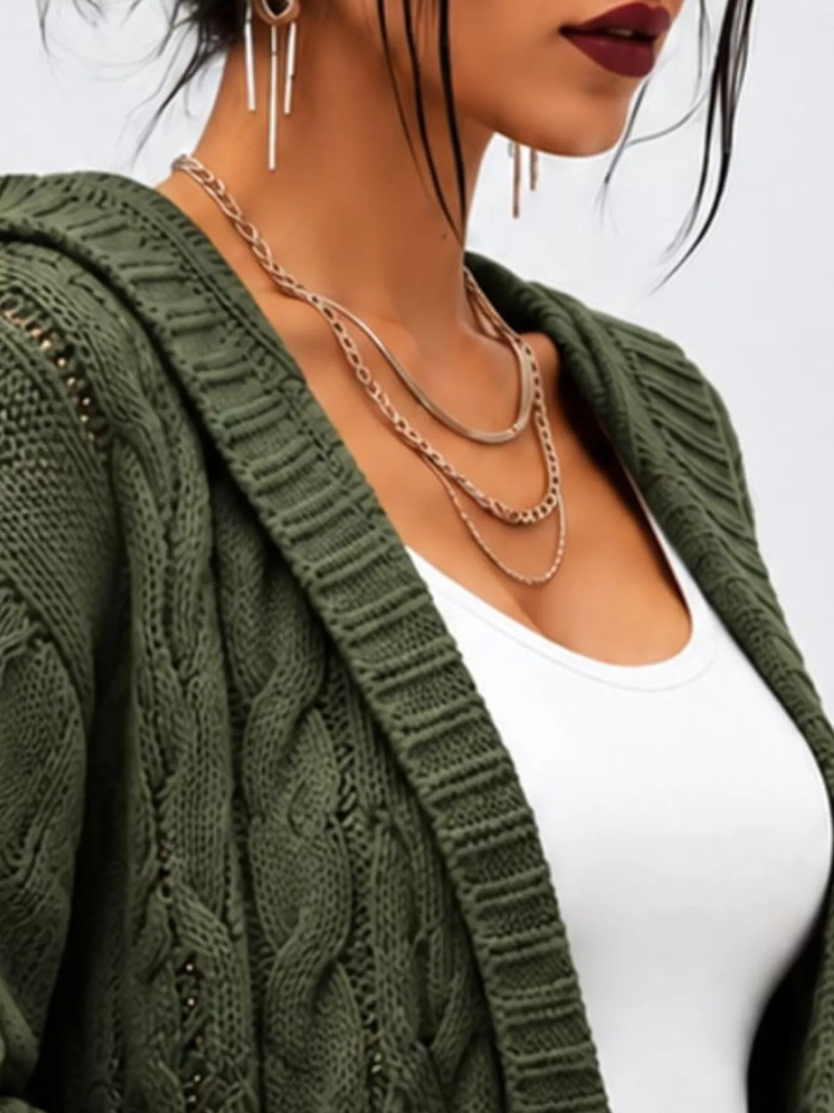 Hooded Cable Knit Longline Cardigan, detail view in olive green