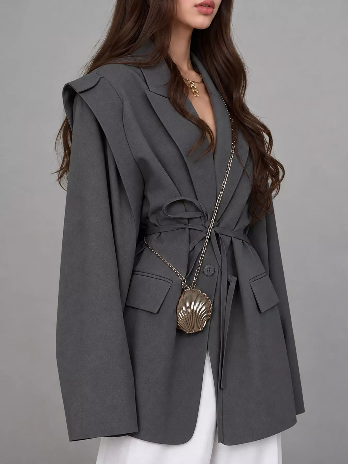 Collared long sleeve blazer, side view