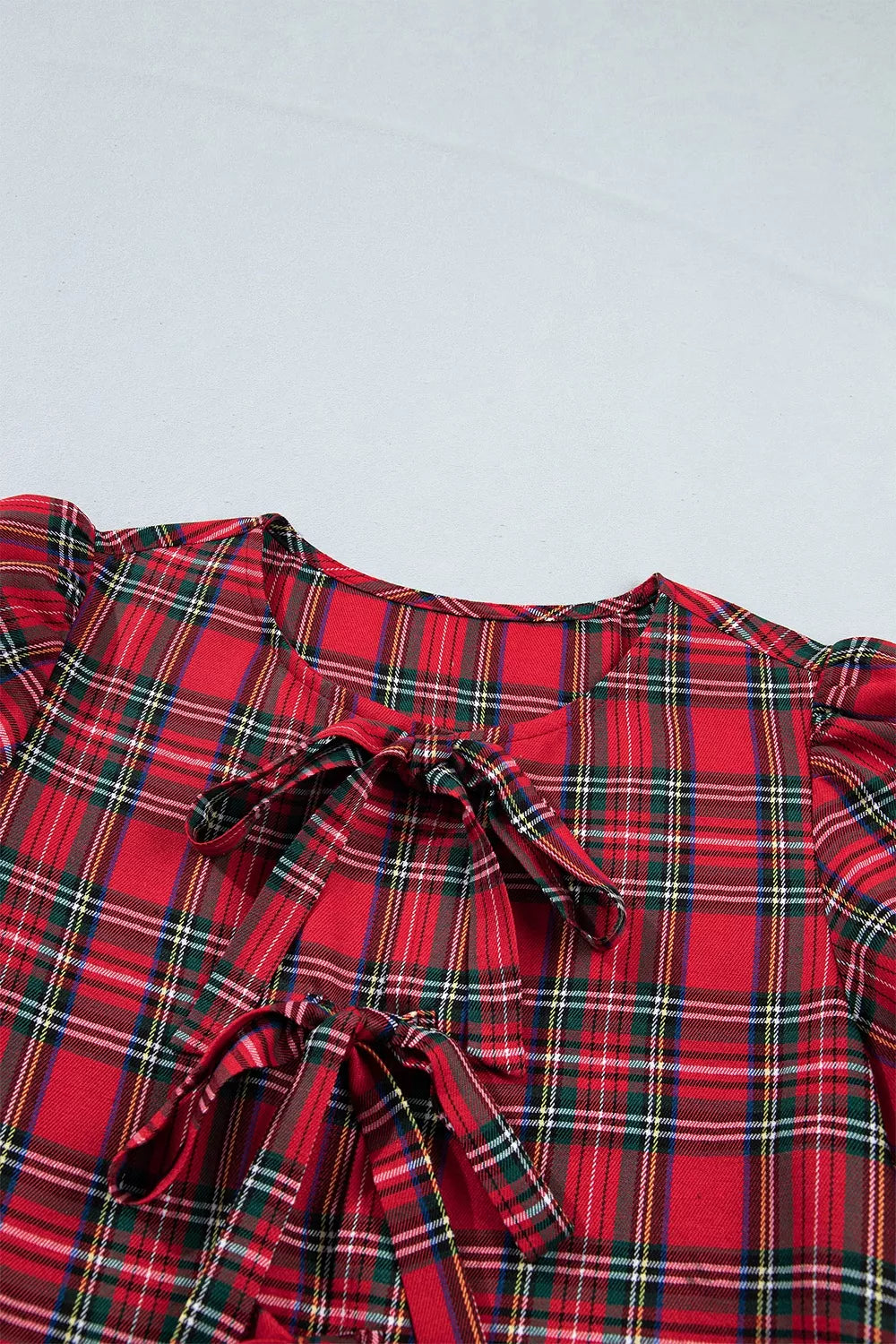 Trendsi Plaid Knot Neck Short Sleeve Mini Shift Dress -