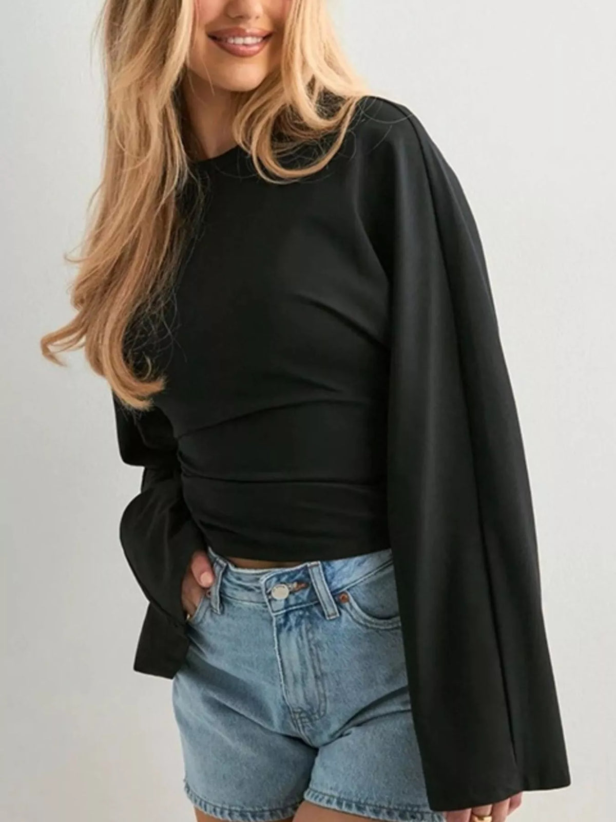 Black Solid Long Sleeve Crew Neck Stretch T-Shirt front lifestyle view