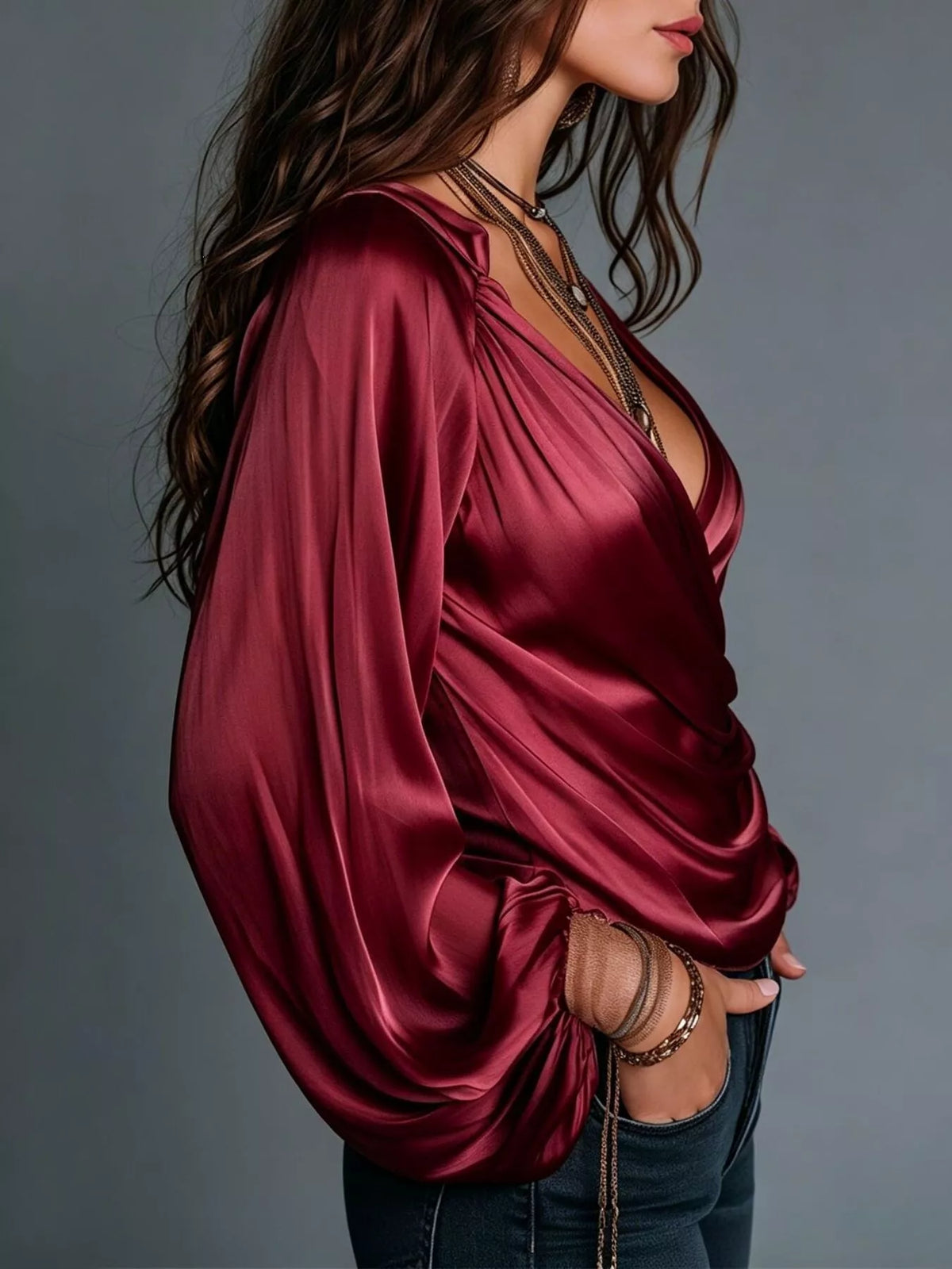 Satin blouse, burgundy side