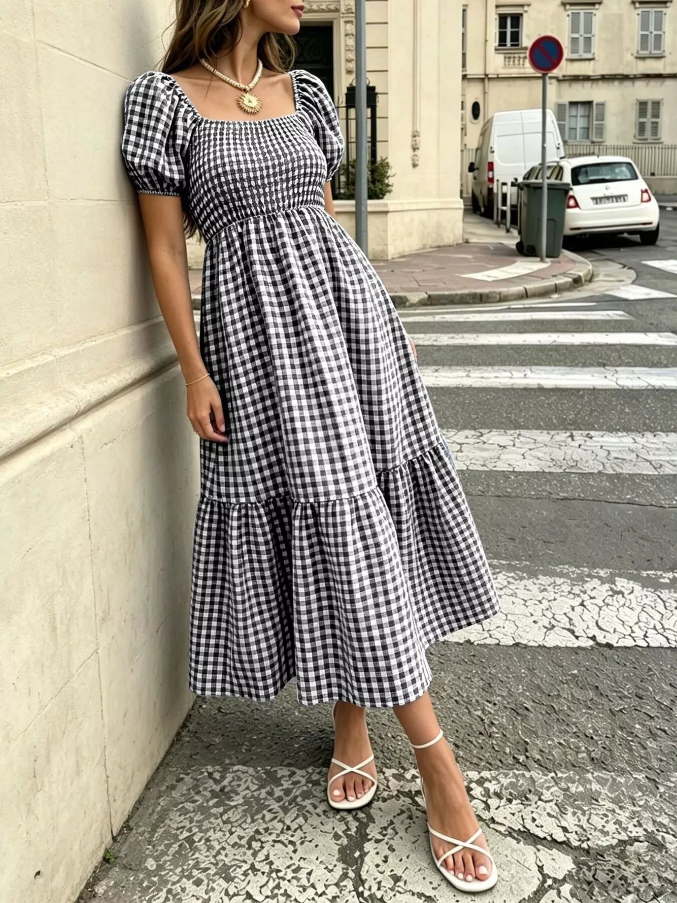 Trendsi Gingham Smocked Puff Sleeve Midi Dress -