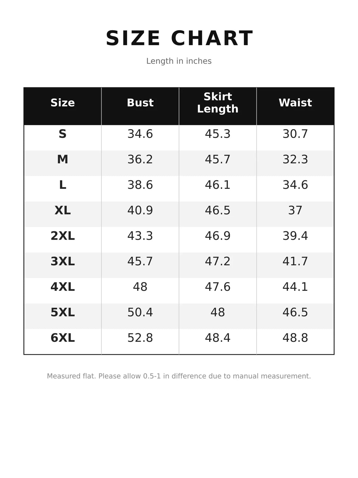 Size chart for the twist-front short sleeve midi dress with pockets