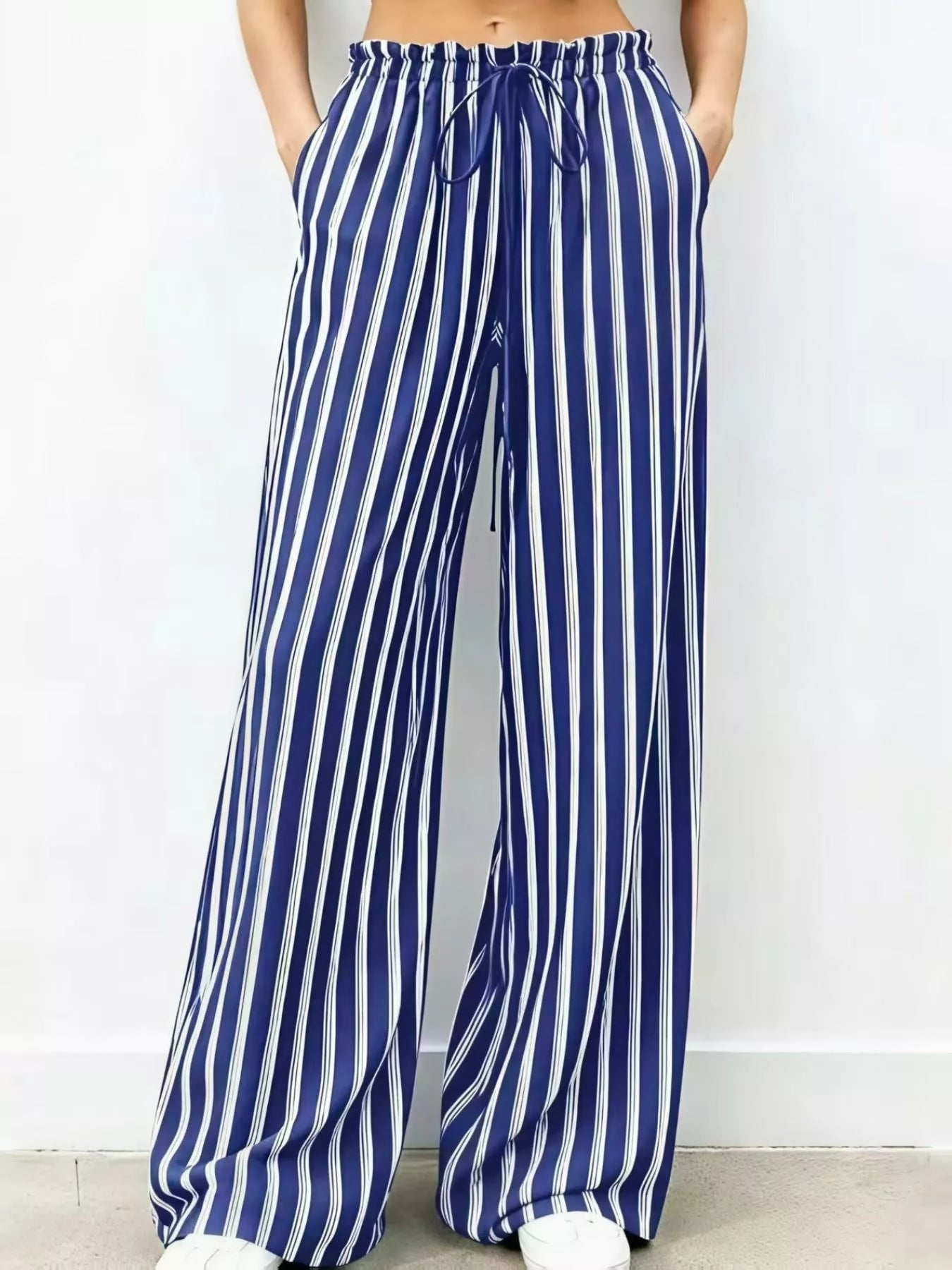 Striped wide-leg drawstring pants