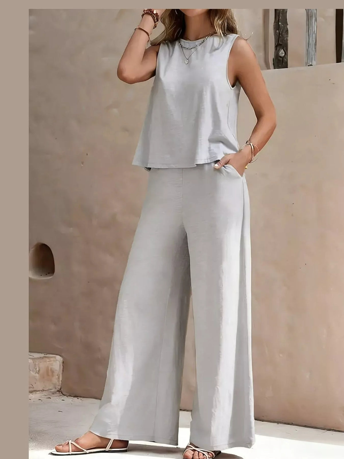 Sleeveless Tank Top and Wide-Leg Pants Set — front view