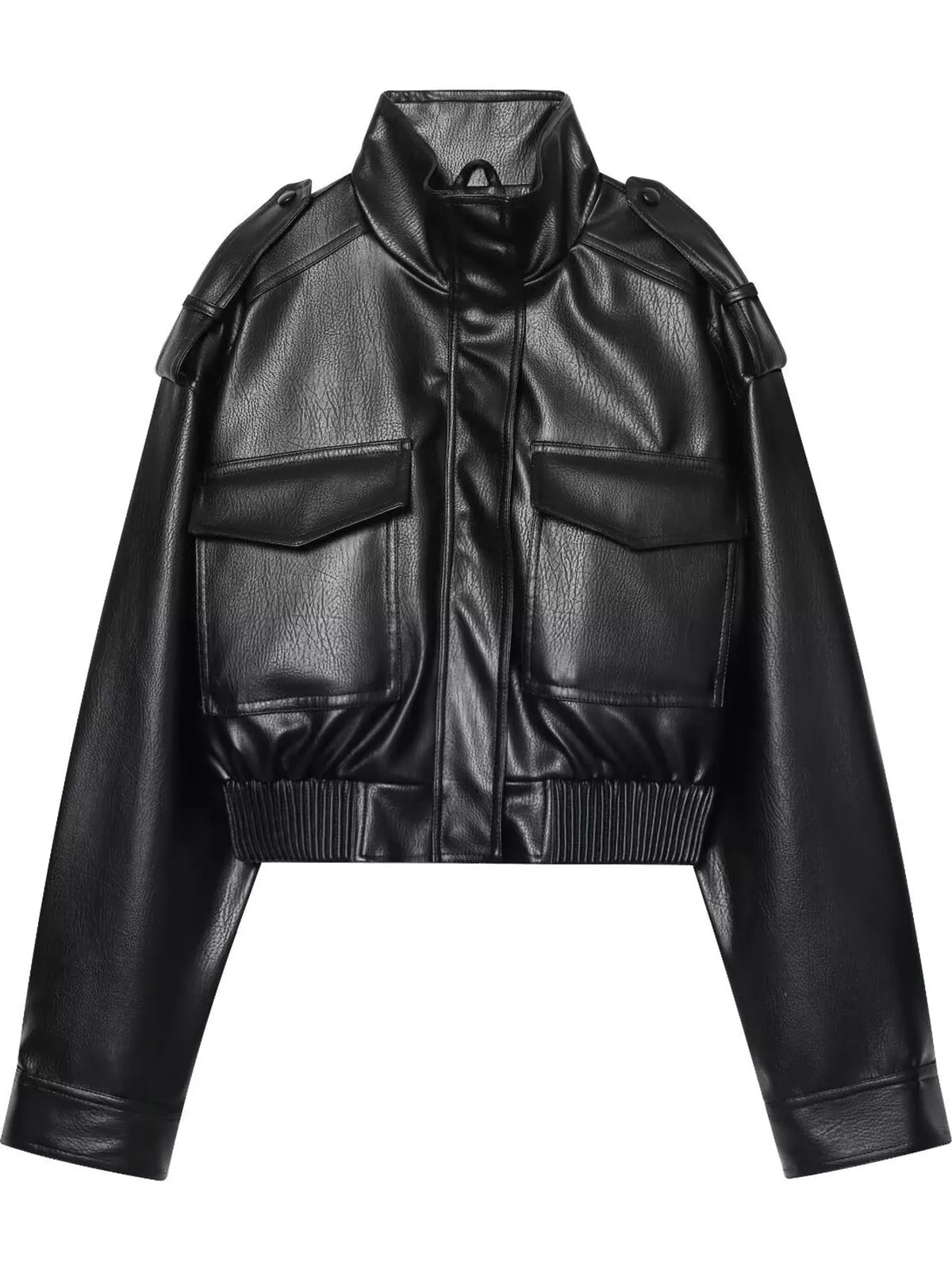 Black faux leather cropped bomber jacket — front view