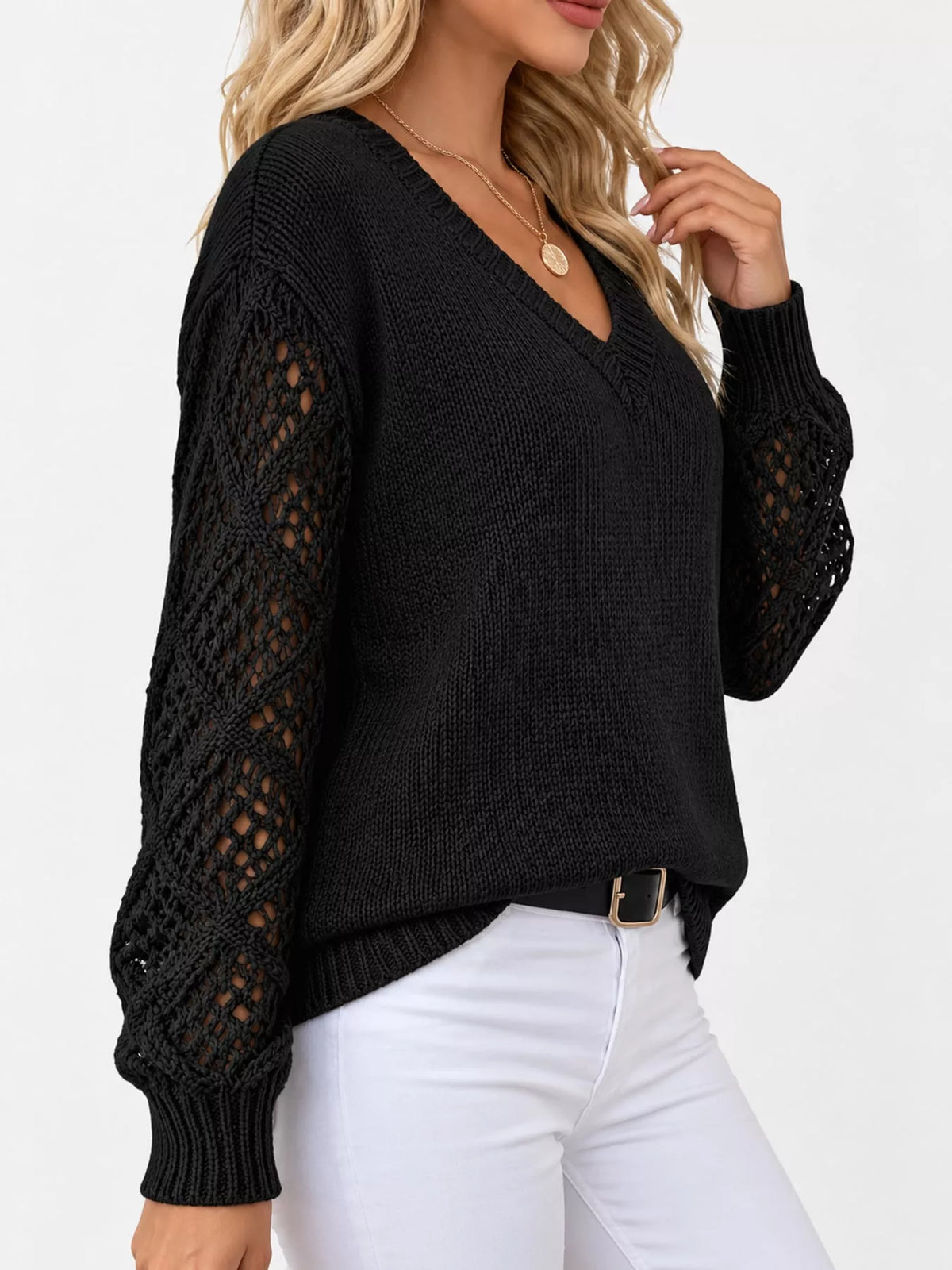 Black v neck openwork long sleeve sweater, side view