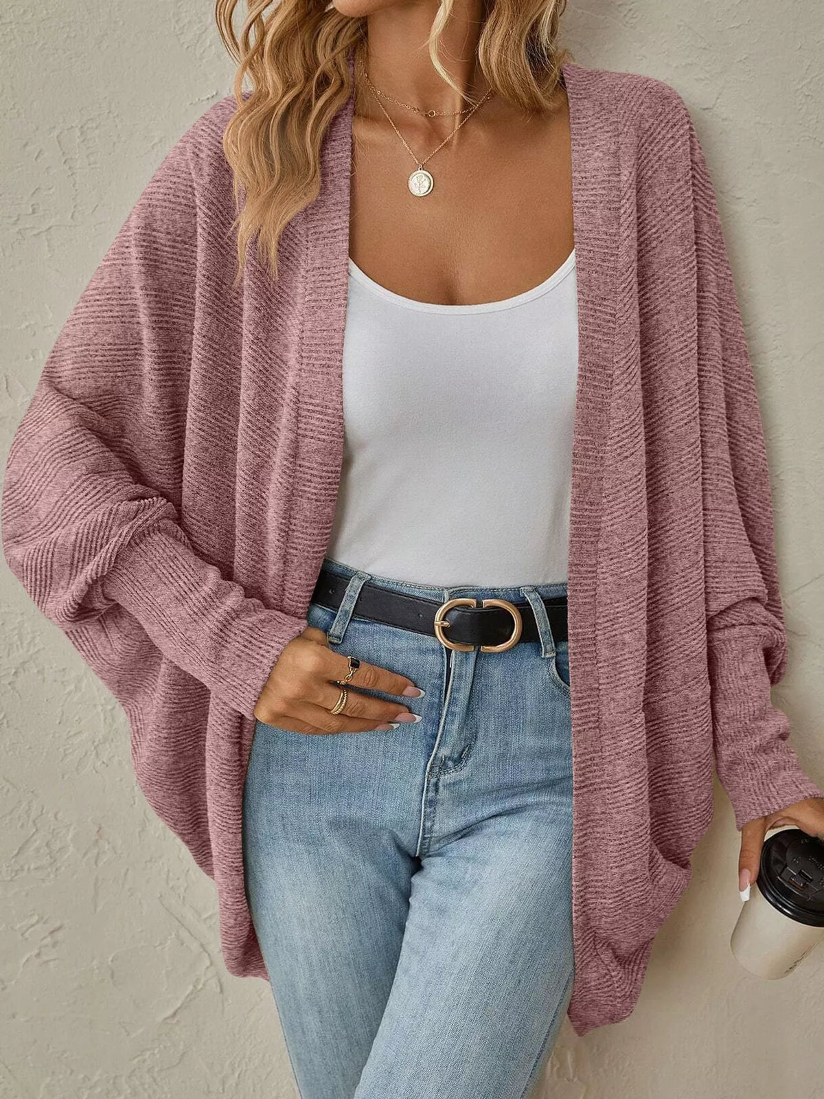 Pink open-front batwing sleeve cardigan