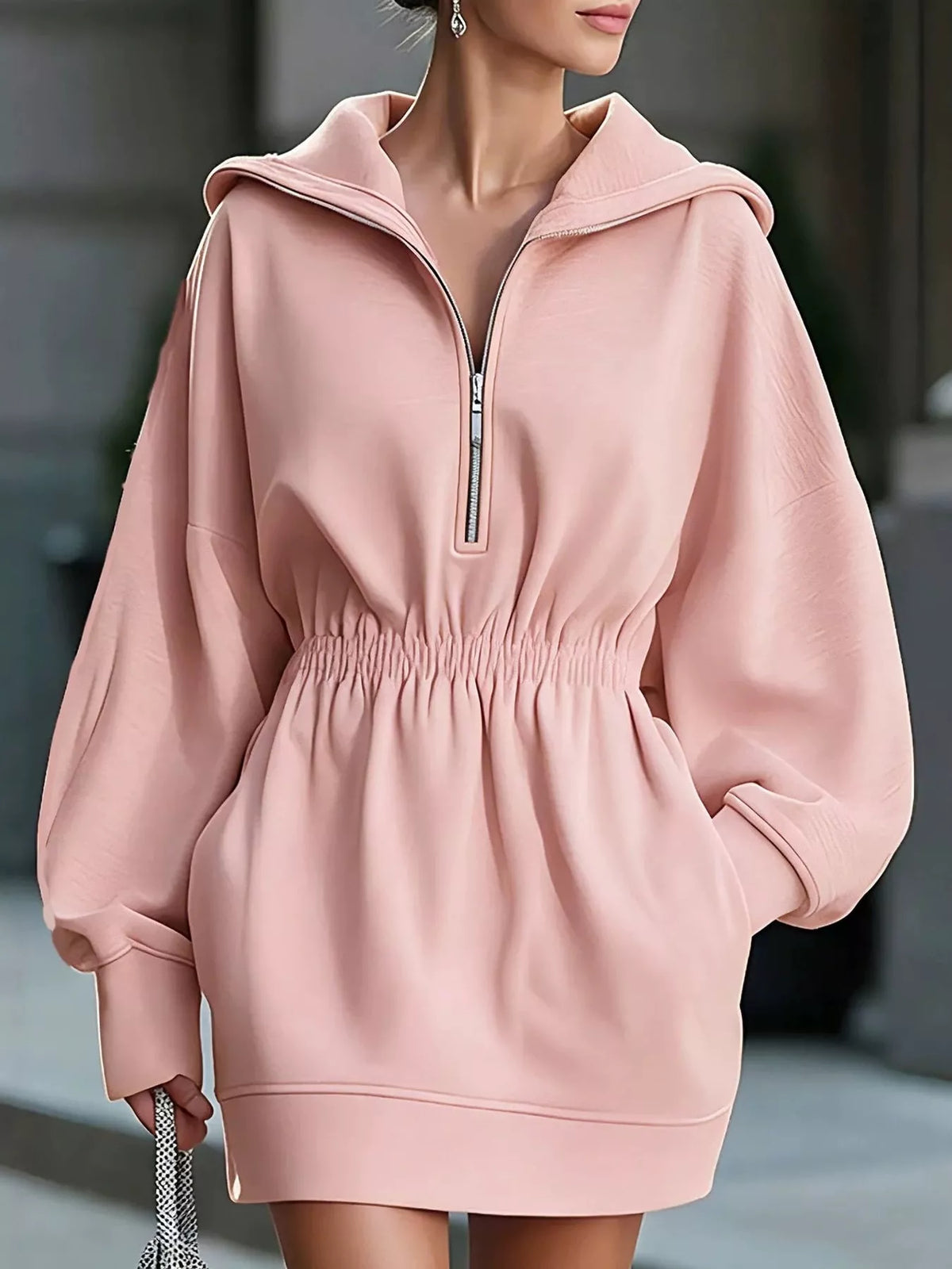Half-Zip Hooded Sweatshirt Dress — front view