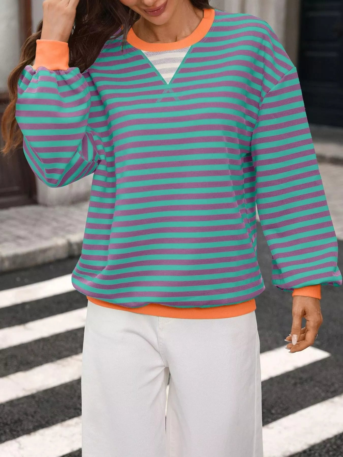Trendsi Contrast Trim Striped Crew Neck Sweatshirt -