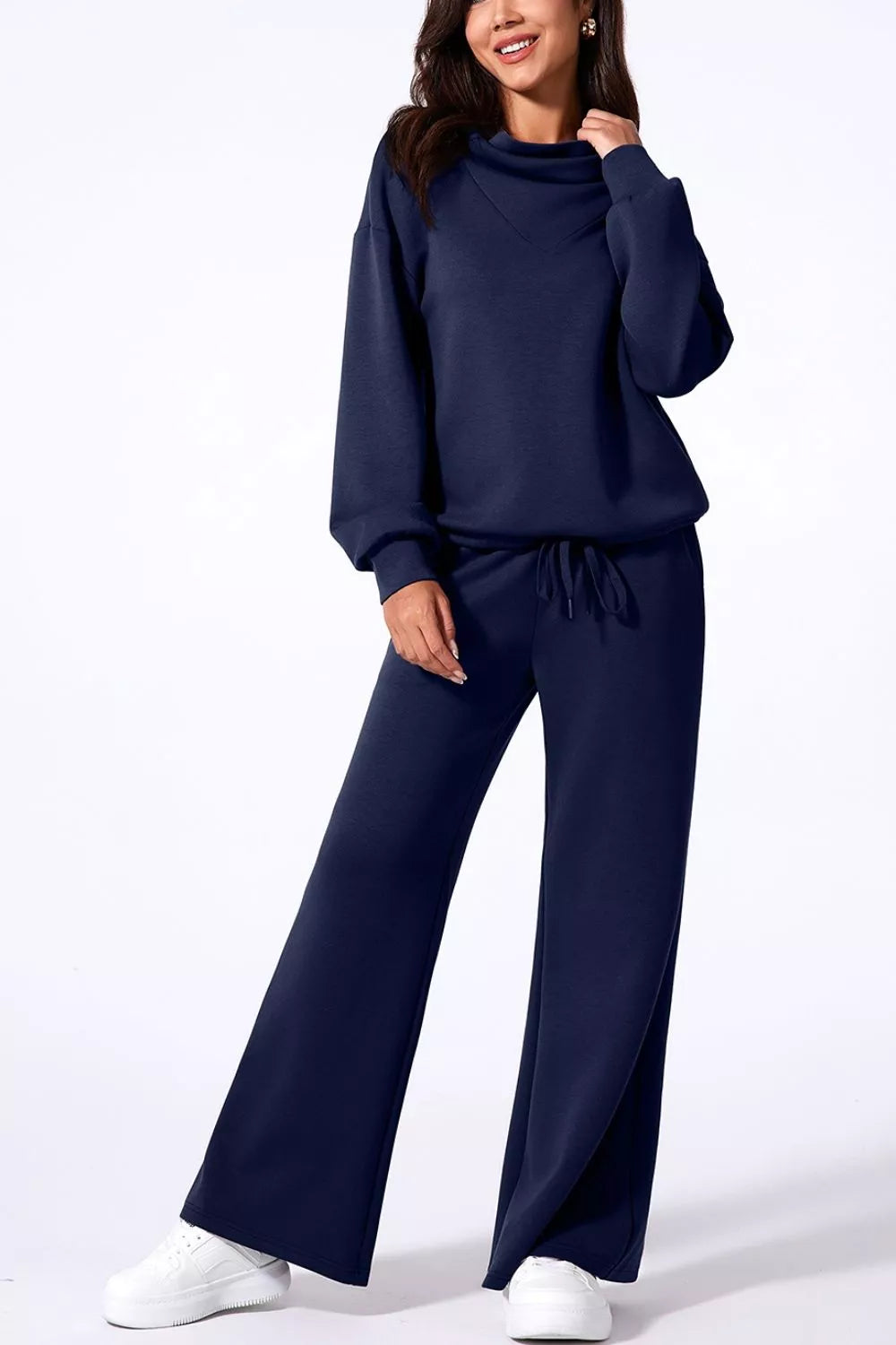 Trendsi Solid Color Cowl Neck Drawstring Pullover Wide Leg Athleisure Pants Set -
