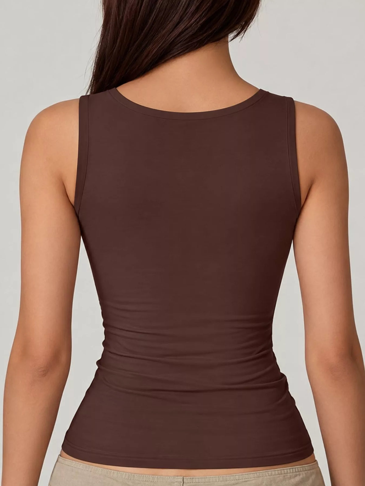 Dark brown square-neck tank, back view
