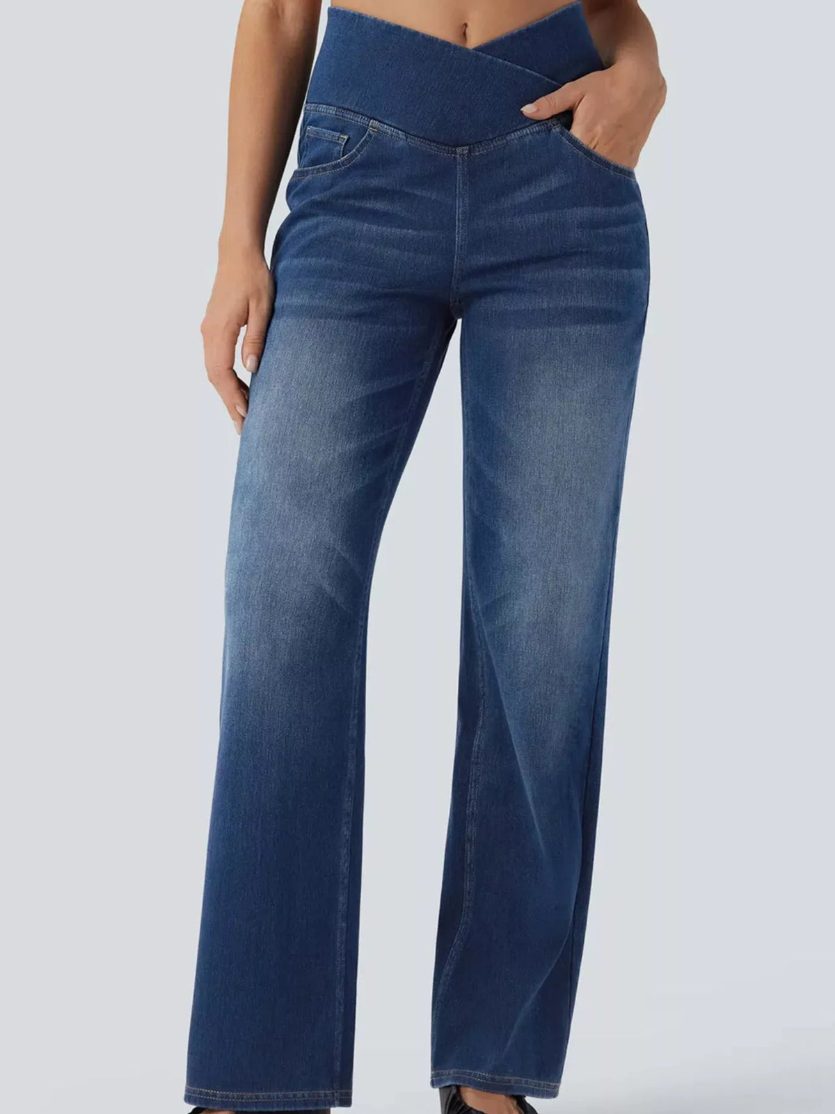 High-Waisted Crossover Straight-Leg Jeans, front view