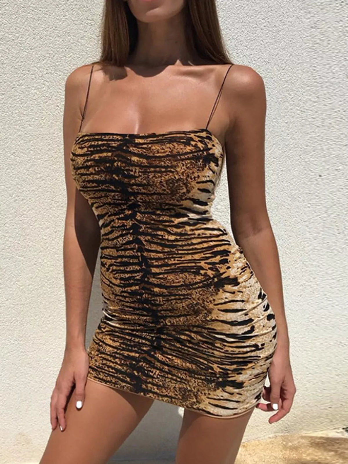 Square neck spaghetti-strap mini dress, front view on model