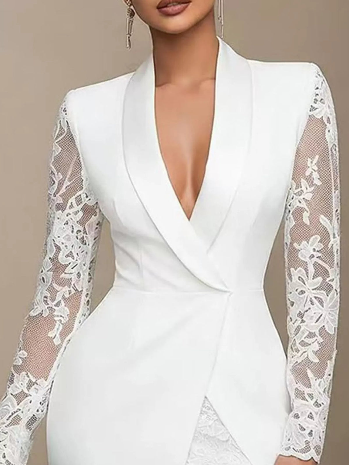 Lace-Sleeve Blazer Dress in white, construction detail