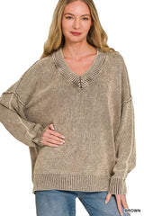 Trendsi Zenana Washed Deep V-neck Oversized Sweater - Sweaters