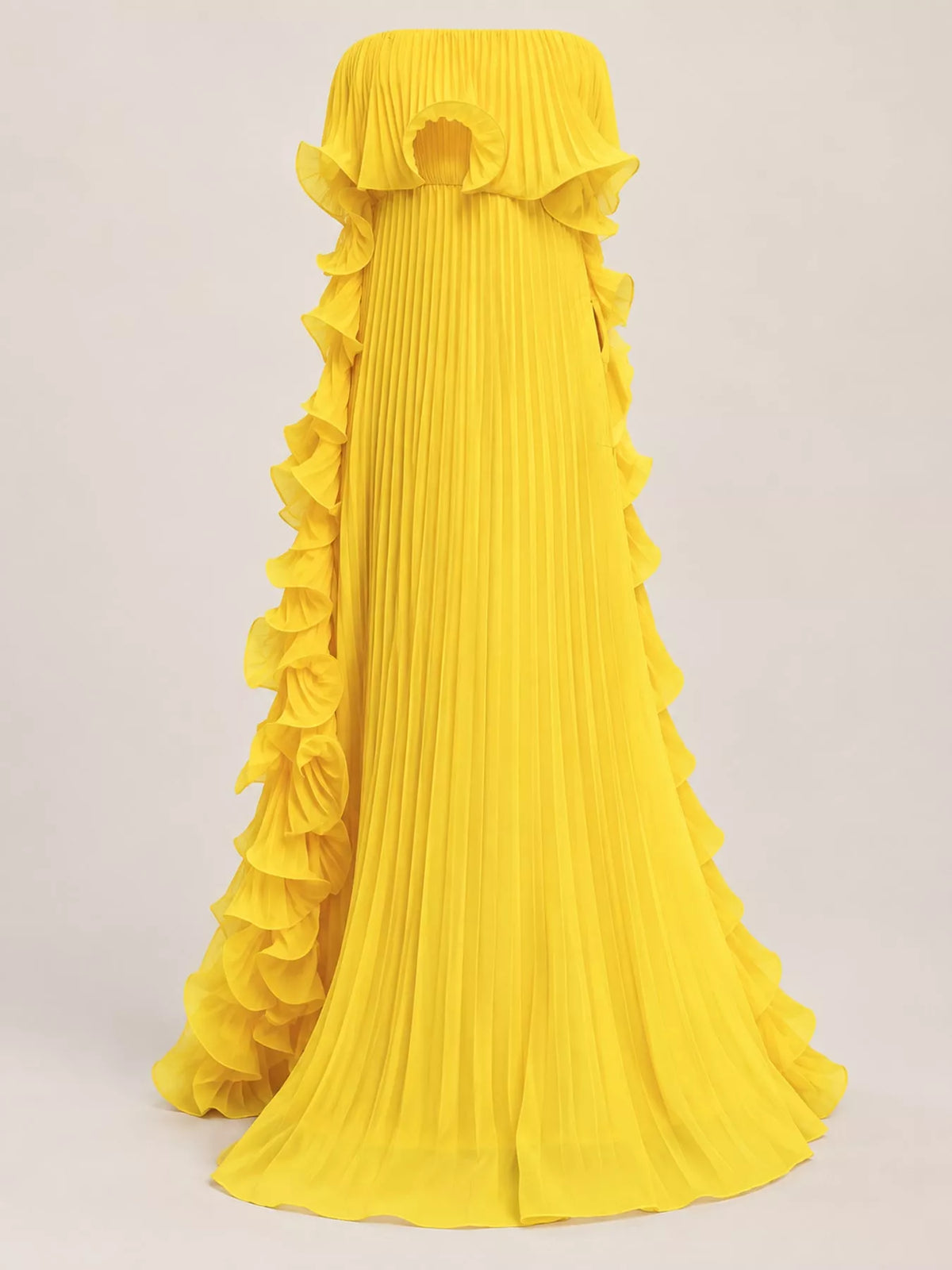 Ruffled Strapless Pleated Maxi Dress — garment front