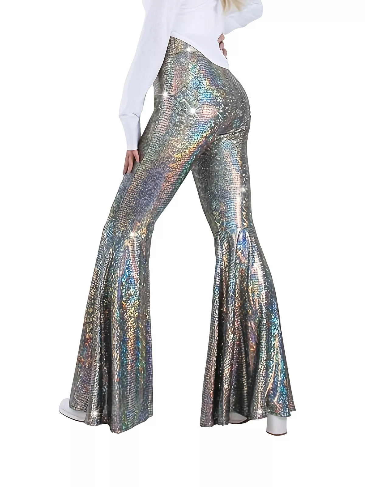 Iridescent silver high-waisted flare pants — back view