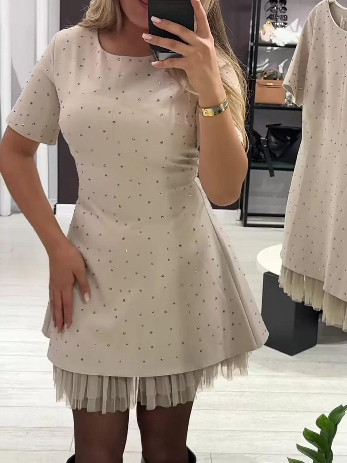 Beige rhinestone a line mini dress with tulle hem, front view