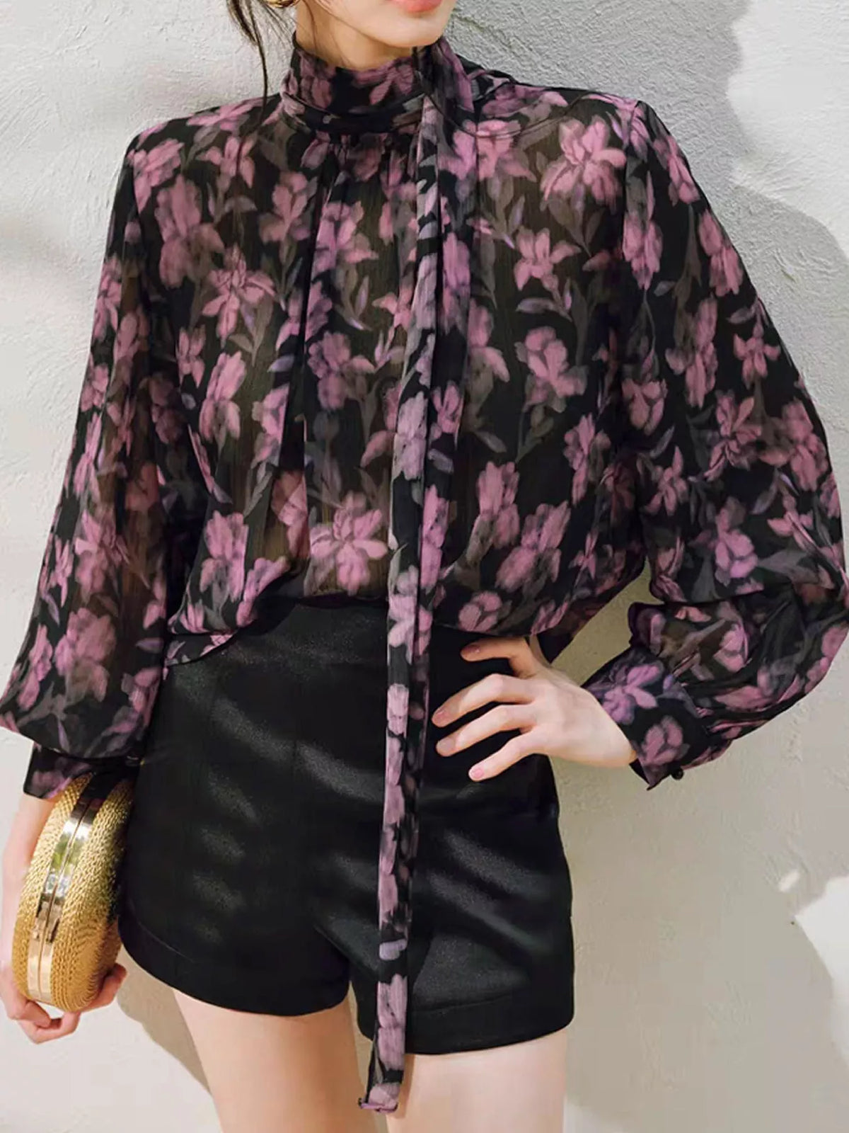 Floral Print Chiffon Blouse with Tie-Neck Detail in purple
