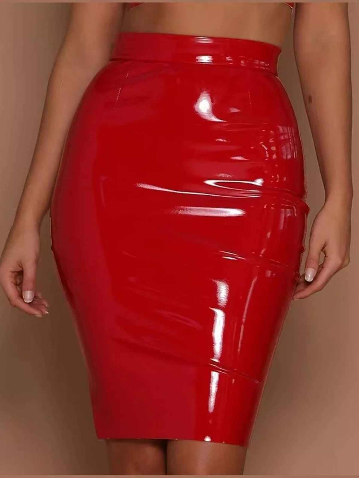High-Waisted Glossy Faux Leather Pencil Skirt — front view
