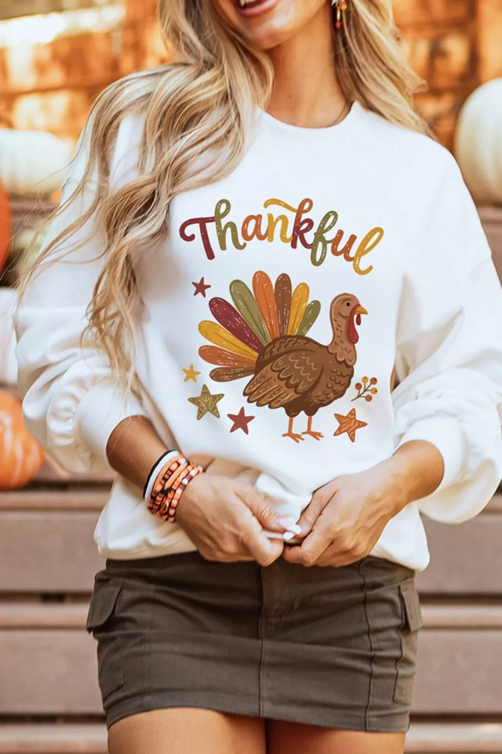 White Thankful turkey graphic sweatshirt, front view