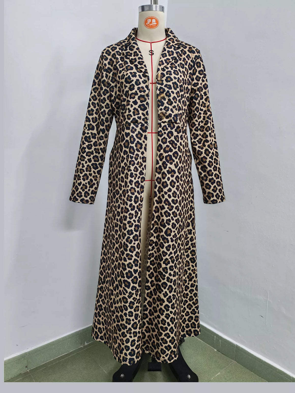 Brown and black leopard-print longline trench coat