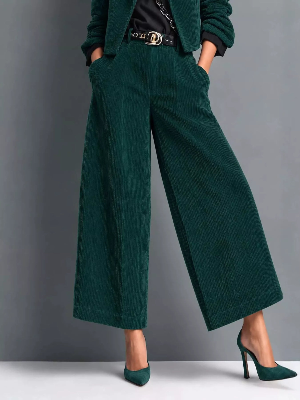 Corduroy Button Up Blazer and Pants Set in dark green