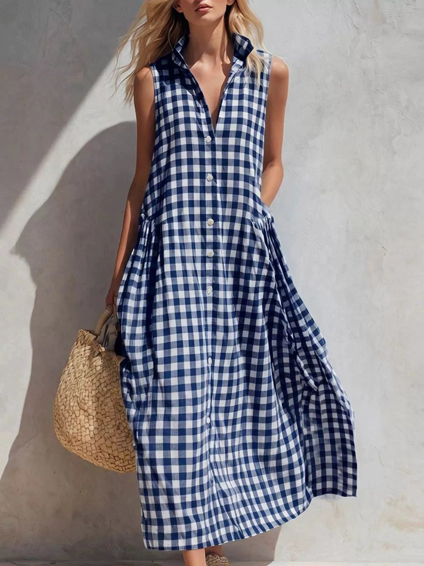 Trendsi Full Size Sleeveless Gingham Button-Down Midi Dress Plus Size -