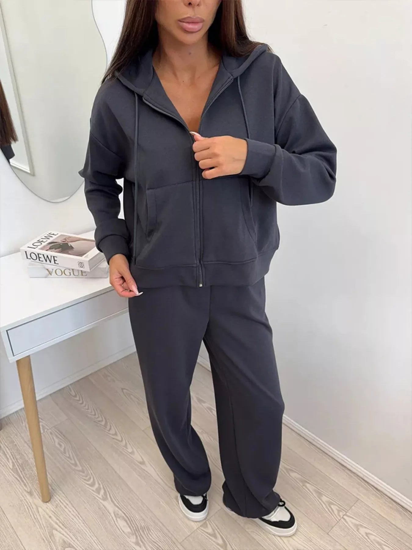 Trendsi Zip-Up Hoodie and Wide-Leg Pants Set -