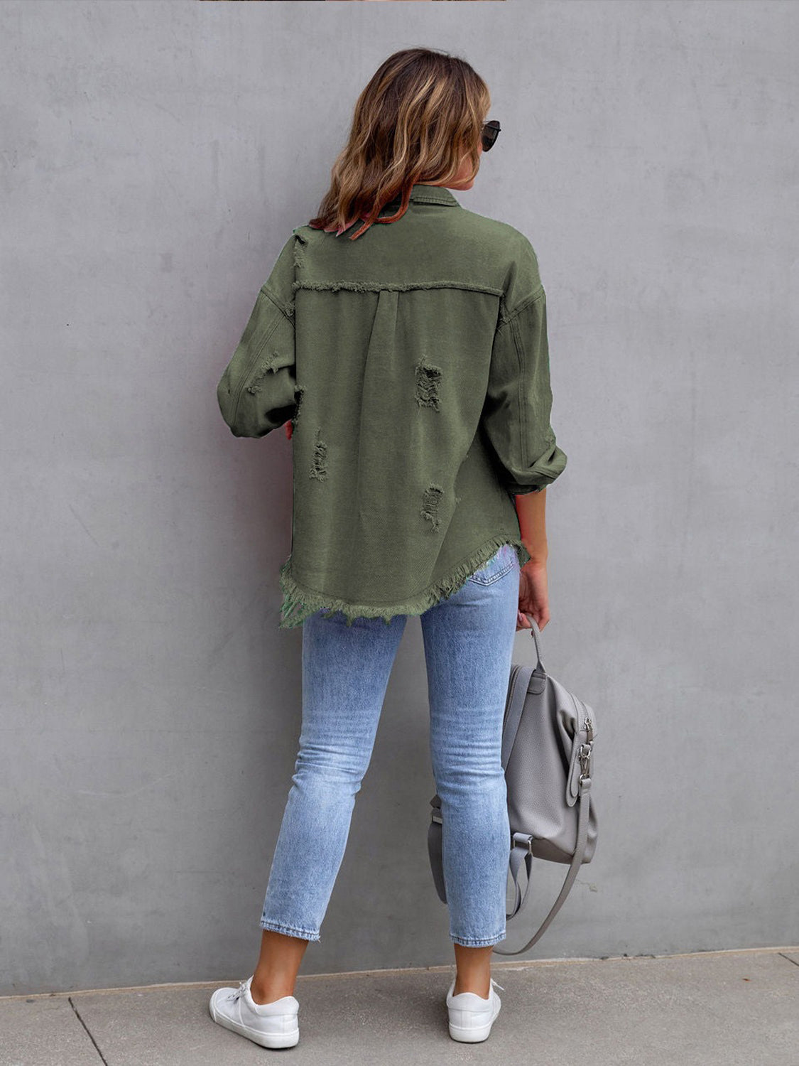 Trendsi Distressed Drop Shoulder Denim Jacket -