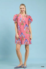 Trendsi Umgee Floral Print Puff Sleeve Mini Dress with Scallop Trim -